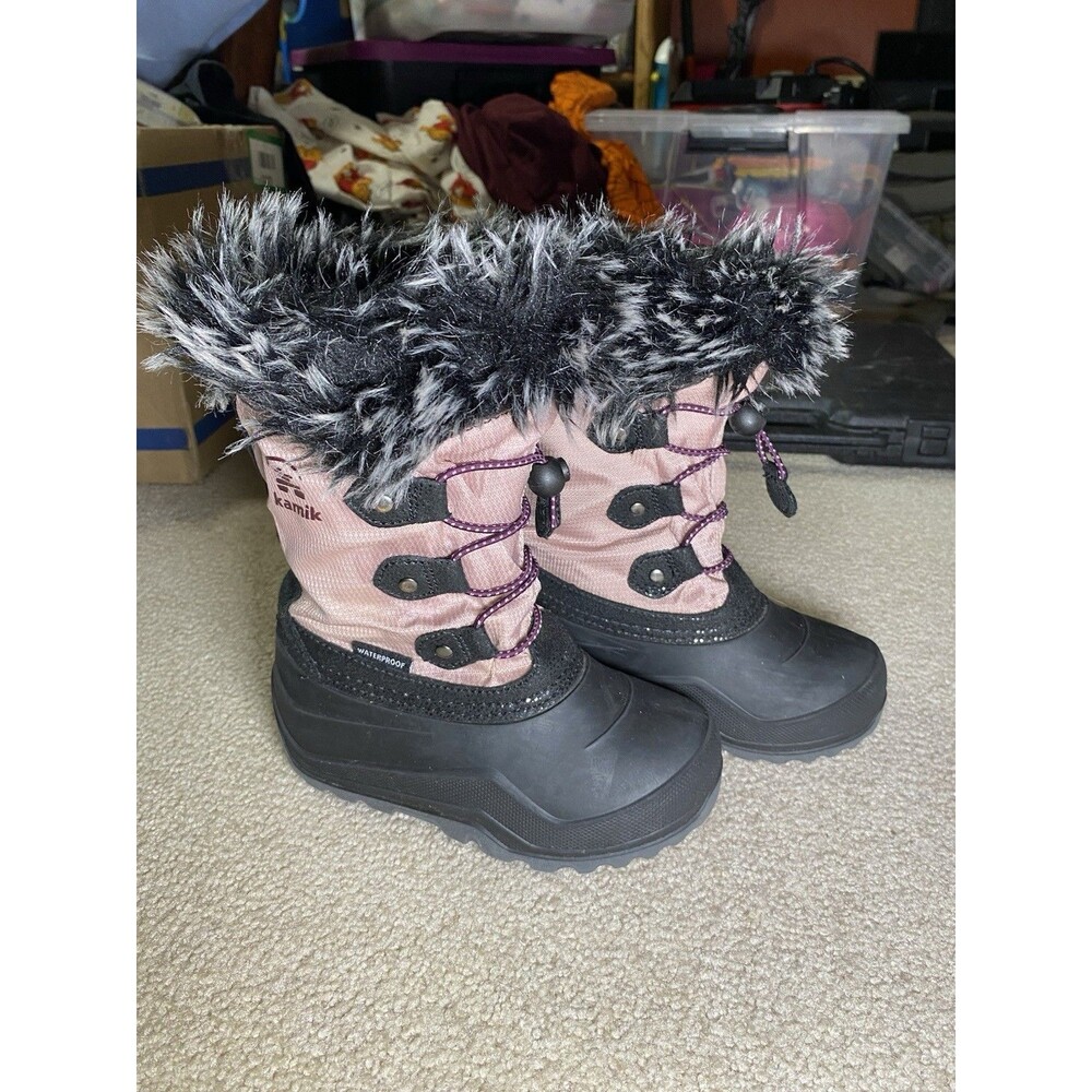 Kamik Kids Pink Black Waterproof Winter Snow Boots Faux Fur Trim Size 11